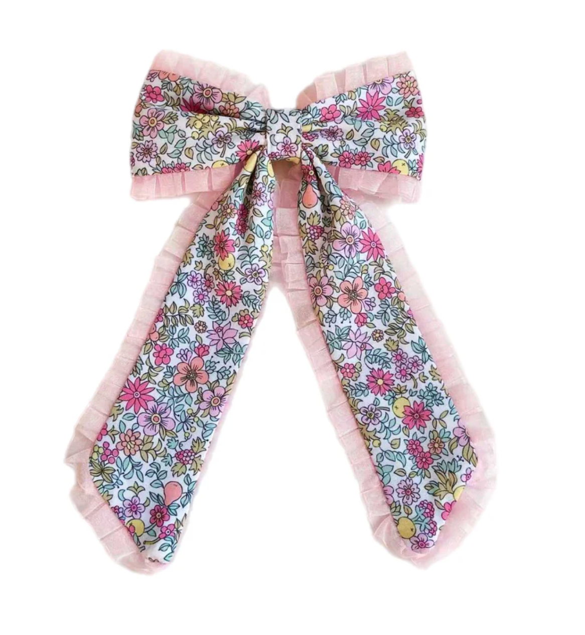 Light Pink Ruffle Floral Garden Long Tail Hair Tied Bow w/ Clip