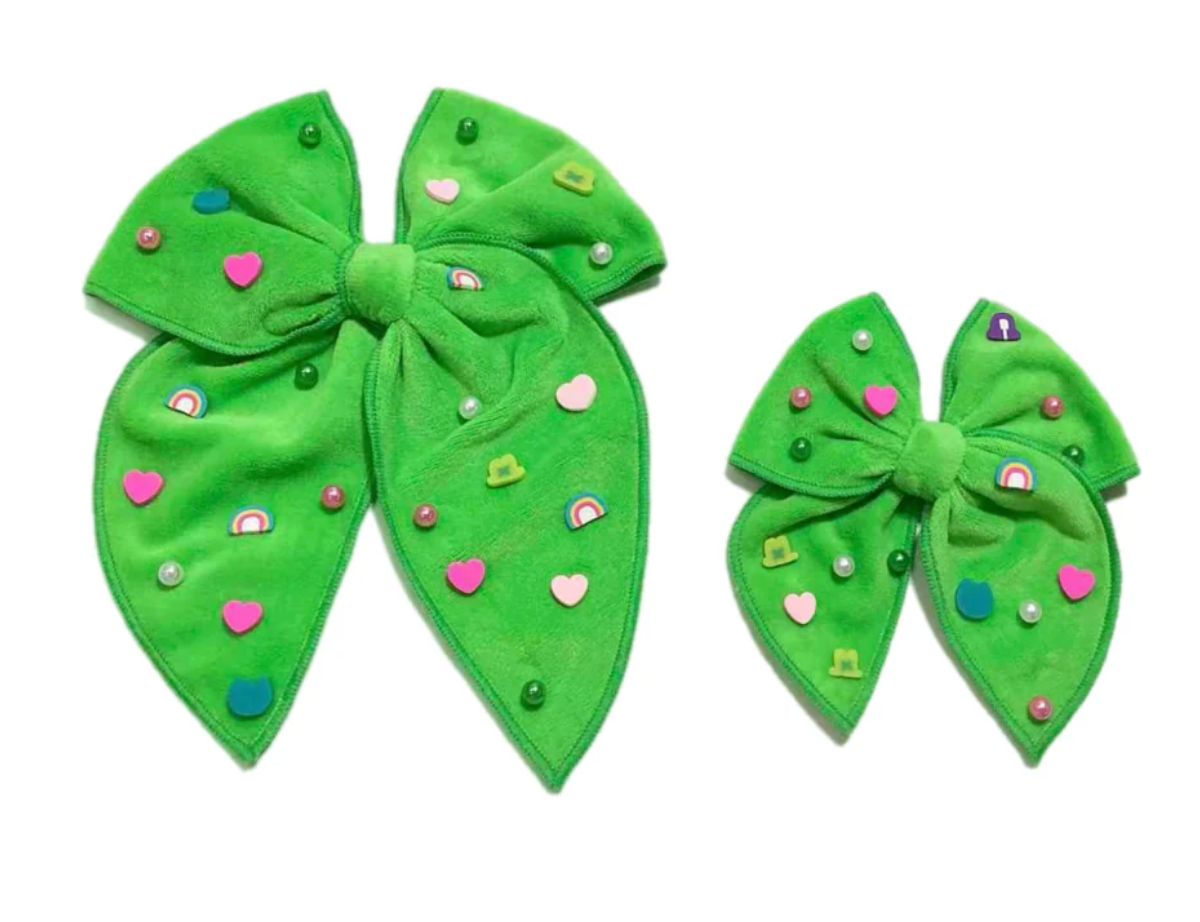 Green Velvet Lucky Charm Serged Edge Bow w Clip