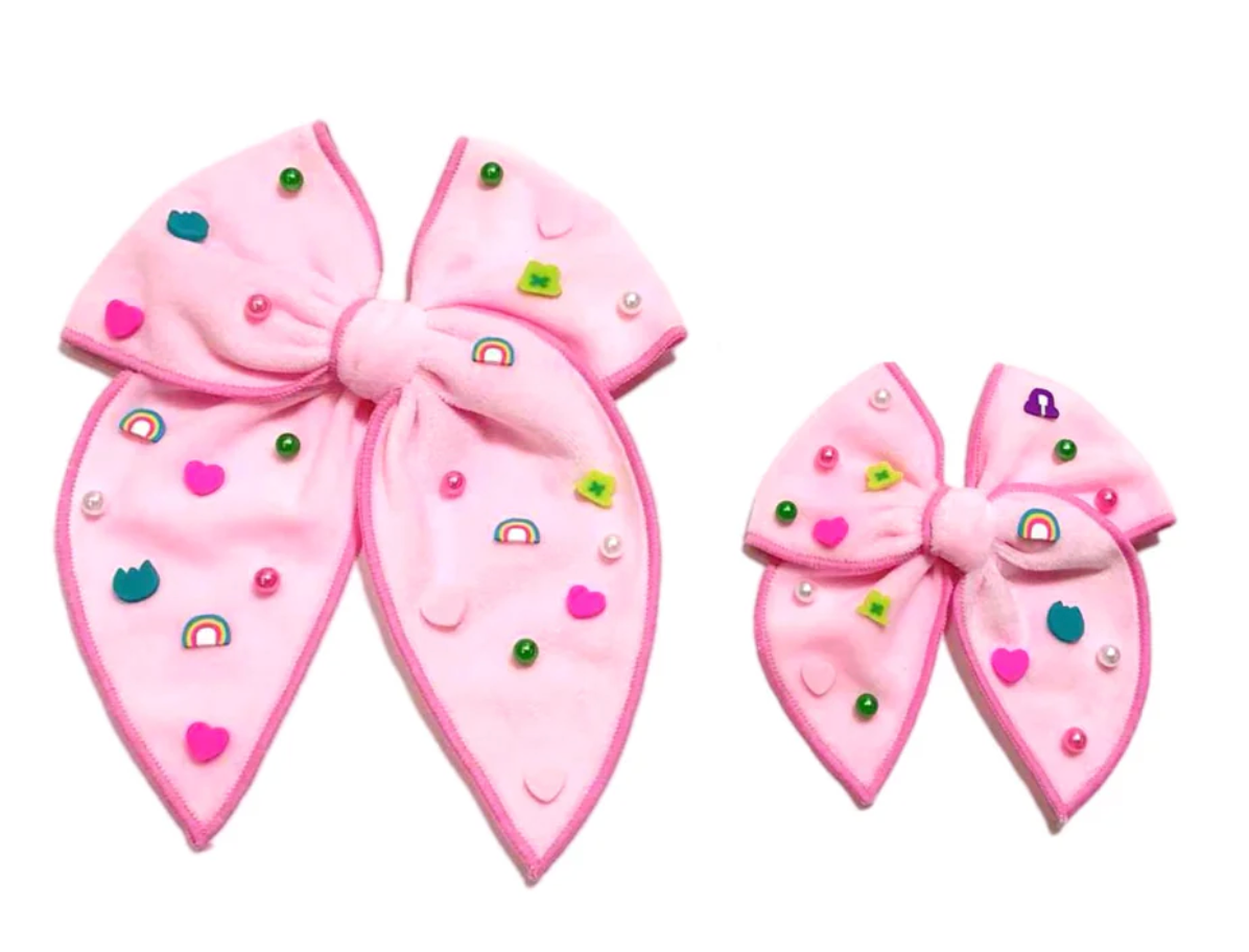 Pink Velvet Lucky Charm Serged Edge Bow w Clip