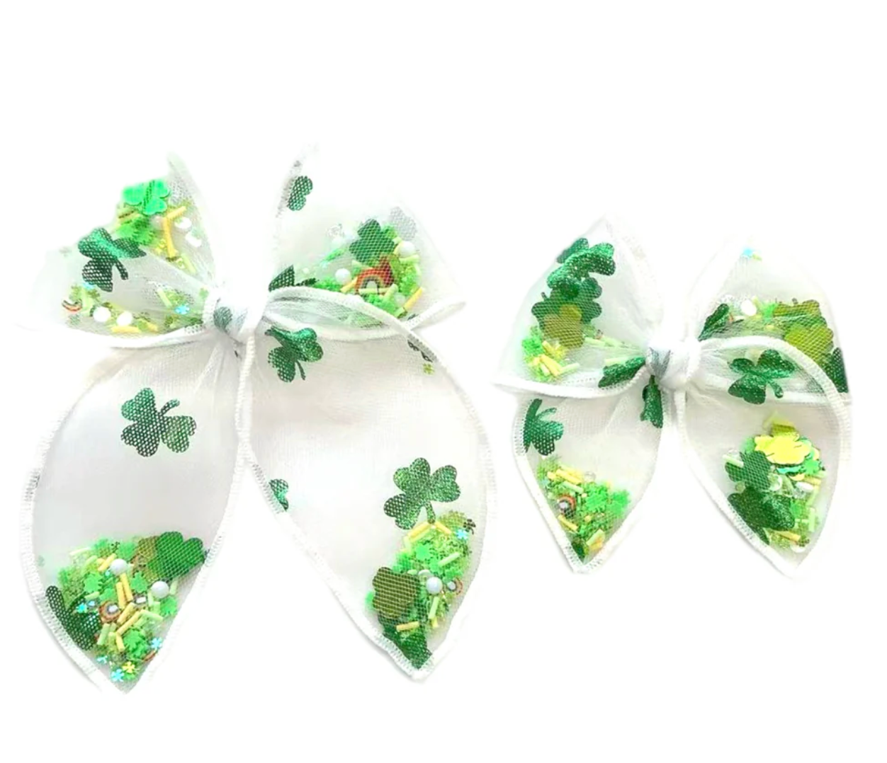 White Tulle METALLIC SHAMROCK Shaker Hair Tied Bow w Clip