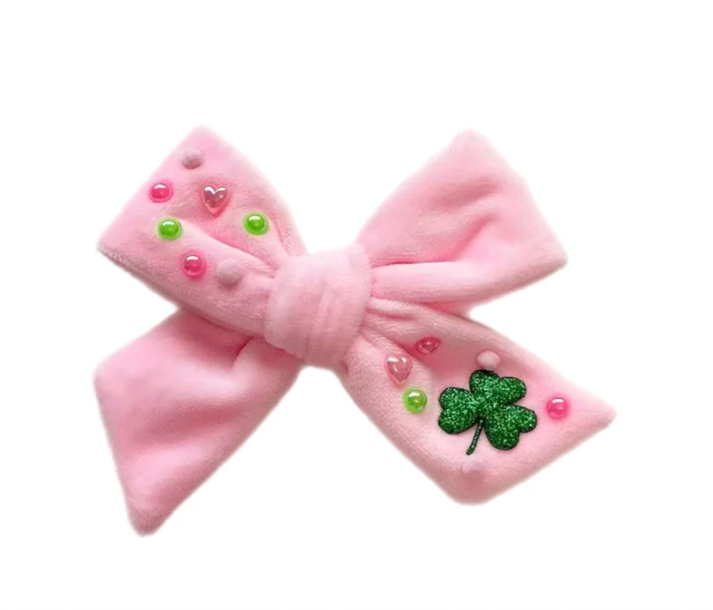 Light Pink Velvet St. Patrick's Day Pinwheel Bow w/ Clip