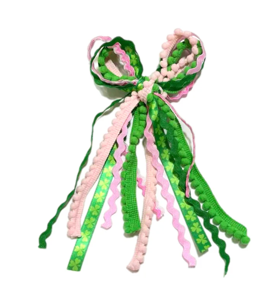 Green & Pink Lucky Messy Ribbon Hair Bow Tied With Clip