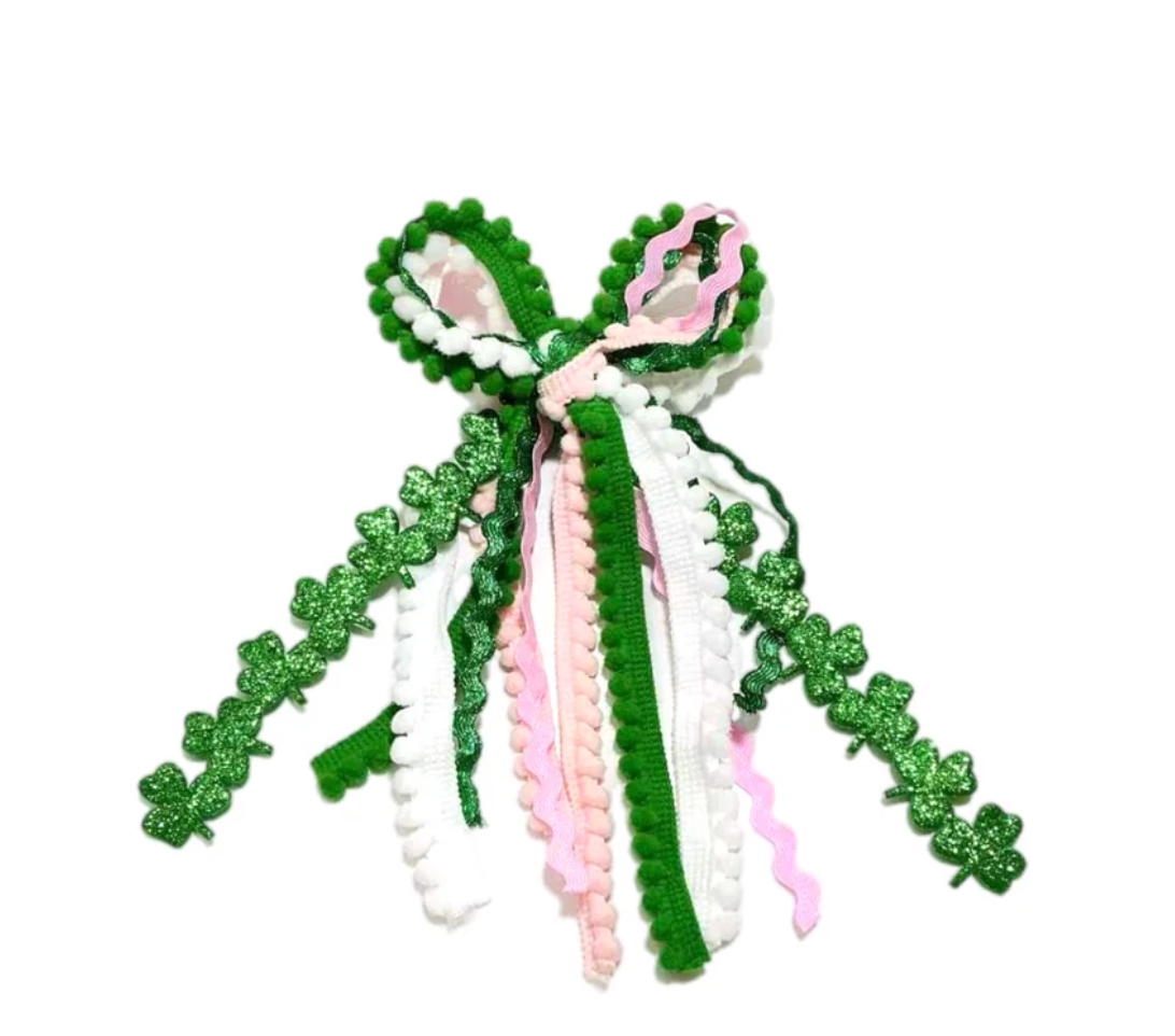 Glitter Shamrock Messy Ribbon Hair Bow Tied With Clip