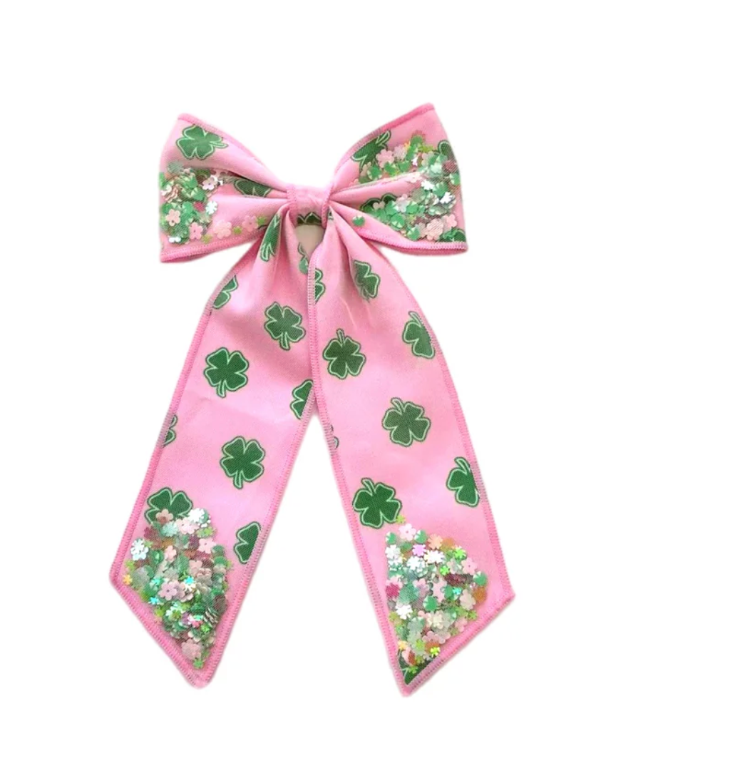 Light Pink Shamrock Long Tail Shaker Bow w Clip